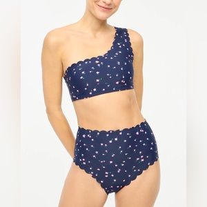 J.Crew | Navy Floral Scalloped One-Shoulder Bikini Set | High-Waisted | Size L